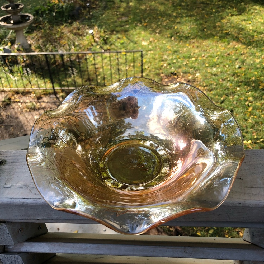 Depression Glass Iridescent Decorative Bowl Leaves and Flowers